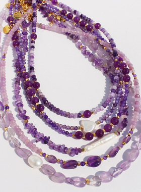 原创高贵紫色天然石串珠项链高级水晶巴洛克珍珠叠戴锁骨链424-1