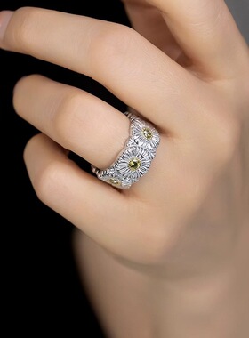 实心意大利纯银小雏菊戒指女新款开口指环镀金镶钻戒子小红书爆款