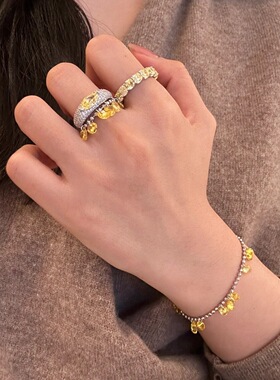 S925纯银招财黄钻戒指合集高碳钻轻奢排钻满圈戒指女发财珠珠手链