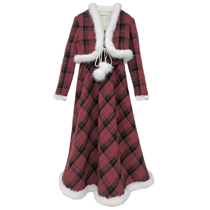 红格氛围感连衣裙夹棉外套打底衫毛呢套装韩版万圣节设计感三件套,淘宝优惠券,粉丝福利购,淘宝优惠卷