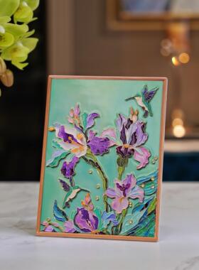 中式鸢尾花摆件装饰画工艺品客厅玄关挂画高级感轻奢小众艺术摆件