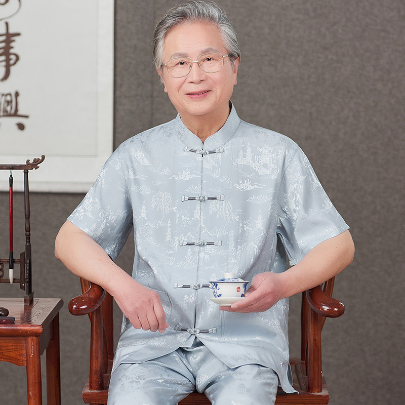 中老年唐装男爷爷夏季短袖老人衣服中国风棉麻套装爸爸装衬衫70岁 - 图3