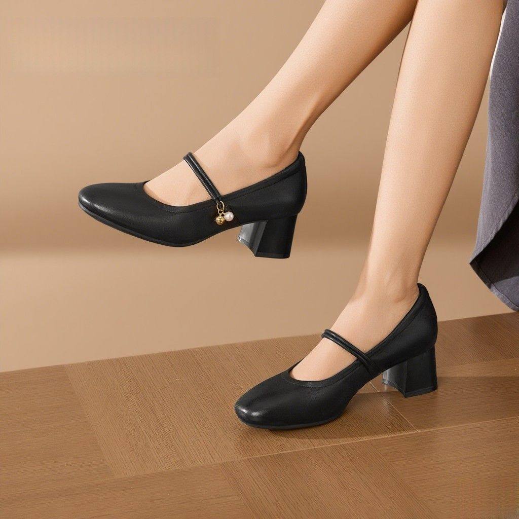 粗跟玛丽珍单鞋女2025新款真皮浅口一字带软底不累脚百搭高跟皮鞋,淘宝优惠券,粉丝福利购,淘宝优惠卷