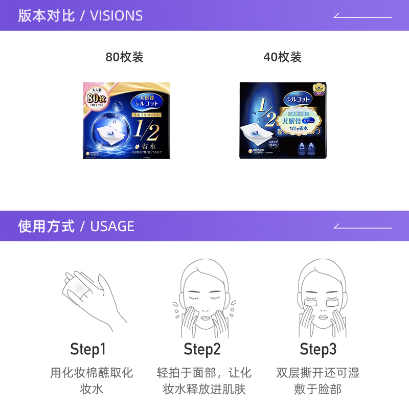 【自营】Silcot/舒蔻尤妮佳化妆棉卸妆湿敷专用1/2省水型80片*4盒
