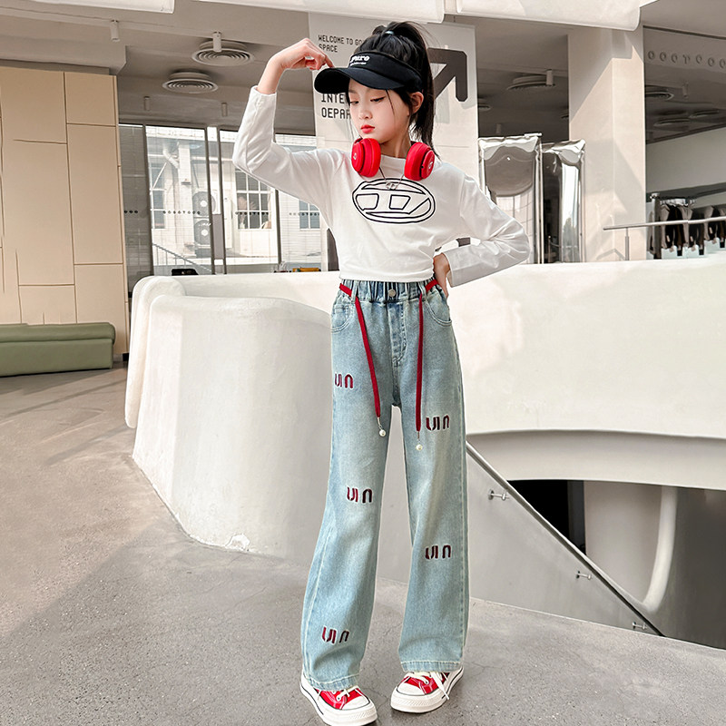 小黄鸭童装女童直筒牛仔裤春装2025新款中大童洋气阔腿休闲长裤潮,淘宝优惠券,粉丝福利购,淘宝优惠卷