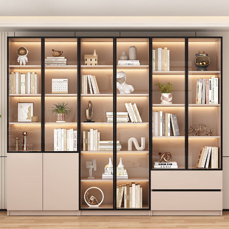 实木书柜带玻璃门一体整墙酒柜展示柜家用客厅现代轻奢储物柜书架,淘宝优惠券,粉丝福利购,淘宝优惠卷