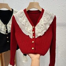 New Years red long sleeves Knitted Sweatshirt Woman Autumn Winter Fashion V Necklace Stitching Sweater Unique dont make nice blouses