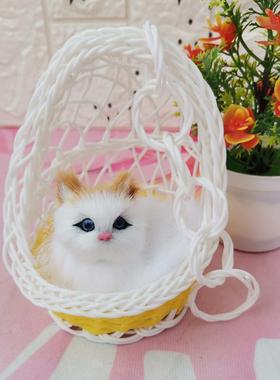 篮真猫咪公仔模型摆件可爱仿迷你篮子里吊的小猫叫毛绒玩具会玩偶