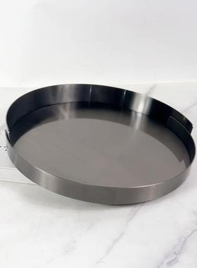 现代简约欧式金属椭圆托盘金色黑钛色样板房售楼处软装饰品