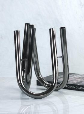 现代简约金属交织花器花插摆件黑色圆管花器样板间客厅桌面装饰品