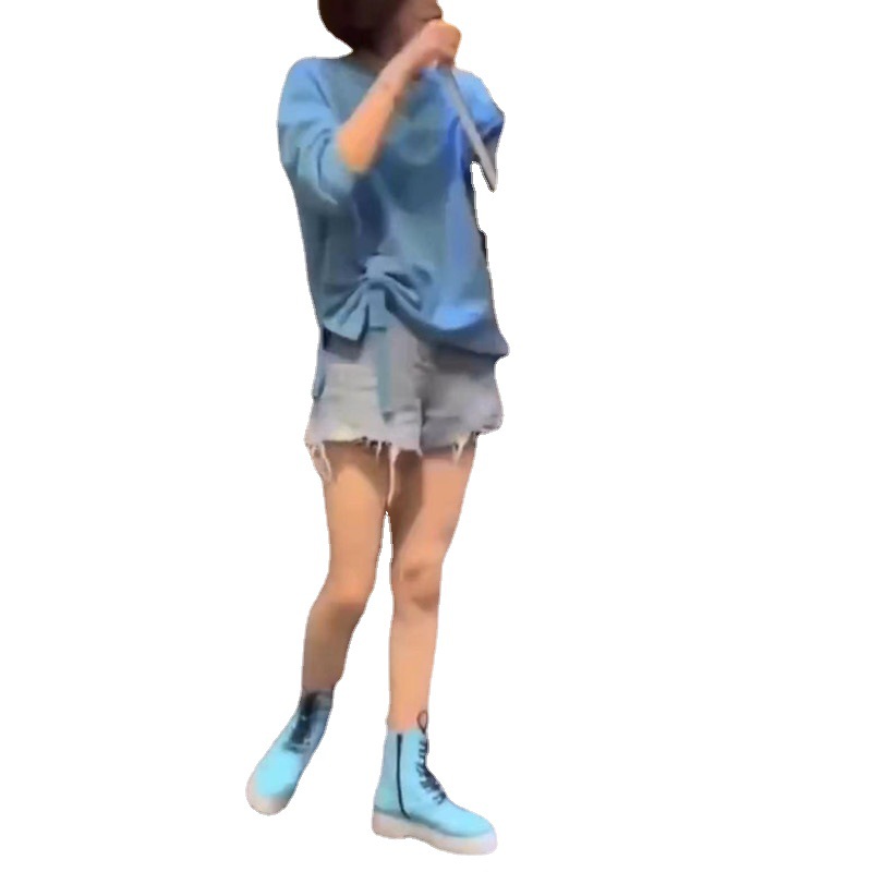 英国coopkoop春季新款蓝色圆领短卫衣底摆不规则女上衣 - 图3