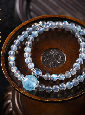 吉饰坊恋恋不忘冰种蓝光灰月光双圈手链水晶手串月光石拉长石女款