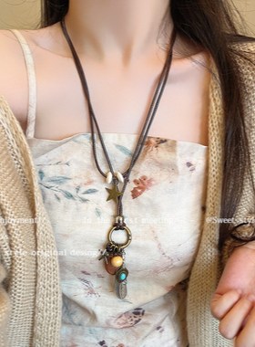 毛衣炼大a气高级感新中式禅意长款羽毛项炼女名族风叠戴毛衣炼