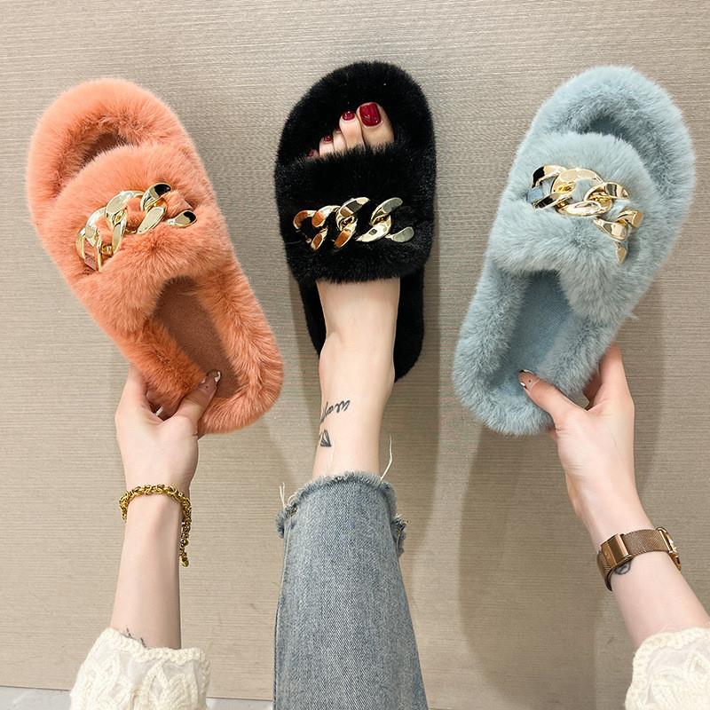 2021women flat slippers fur ladies shoes big size 42毛毛拖鞋 - 图0