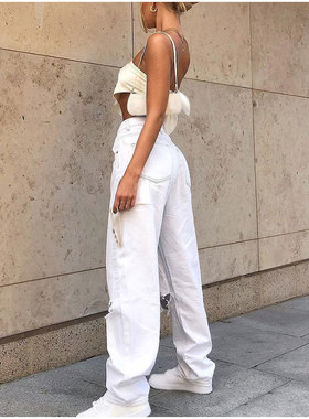 女士大破洞白色牛仔裤