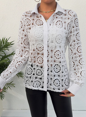 秋季白色蕾丝镂空女士衬衣