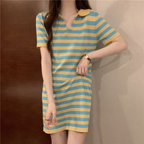 Striped Black & White Polo Dress Woman Summer Small Subdesign Sensation Small Crowdwire Ice Silk Knit Short Sleeve Skirt