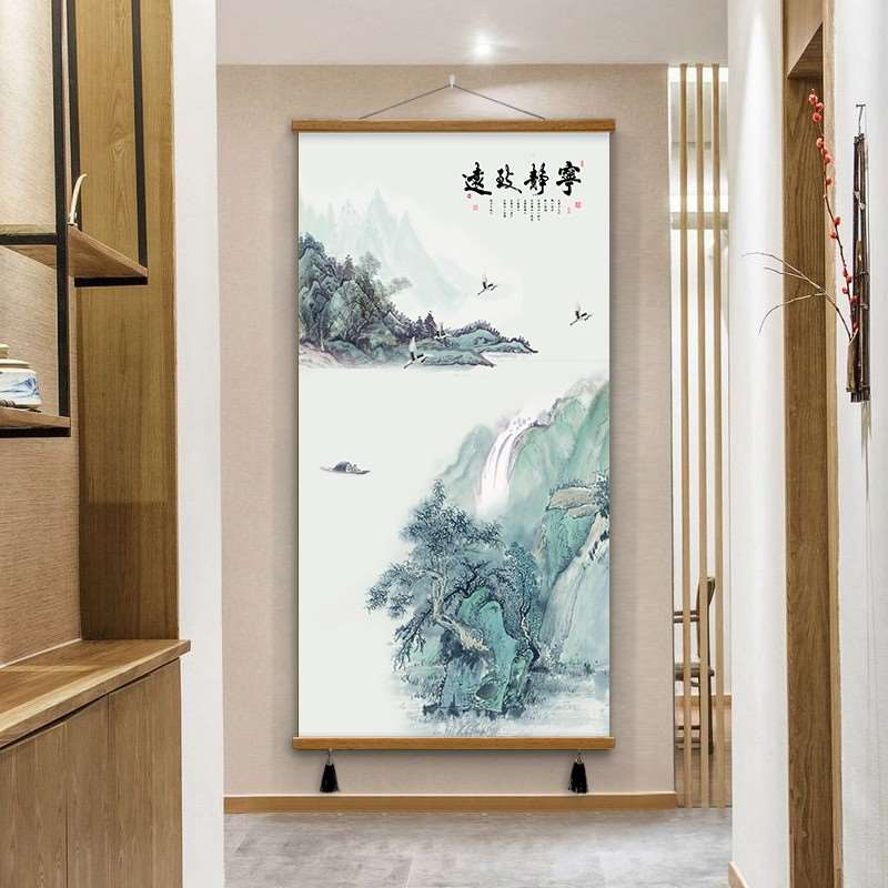 迎客松入户招财新中式玄关走廊过道装饰画客厅竖版山水画国画挂画-图0