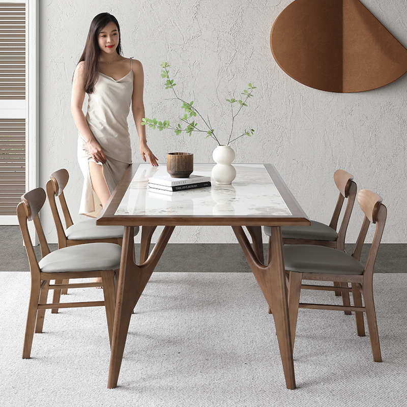 新中式岩板餐桌小众设计2024新款轻奢火山石小户型长方形餐桌椅子-图0
