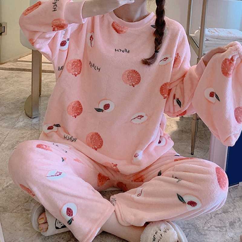 Women Print Warm Flannel Women Pyjamas Sets Thin Coral Velve-图3