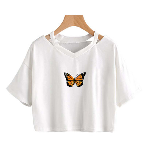 Summer Women Gothic T-Shirts Butterfly Crop Top Girls Short - 图0