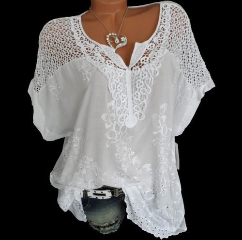 Large Size Loose Short-Sleeved Lace Women Blouses Cotton Blo - 图0