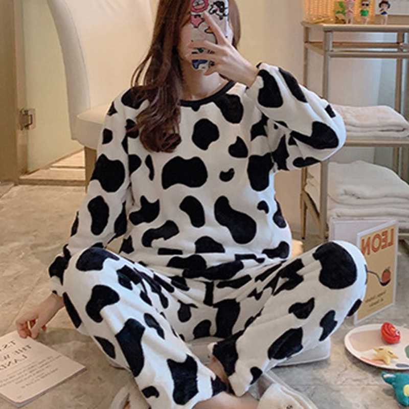 Women Print Warm Flannel Women Pyjamas Sets Thin Coral Velve-图2