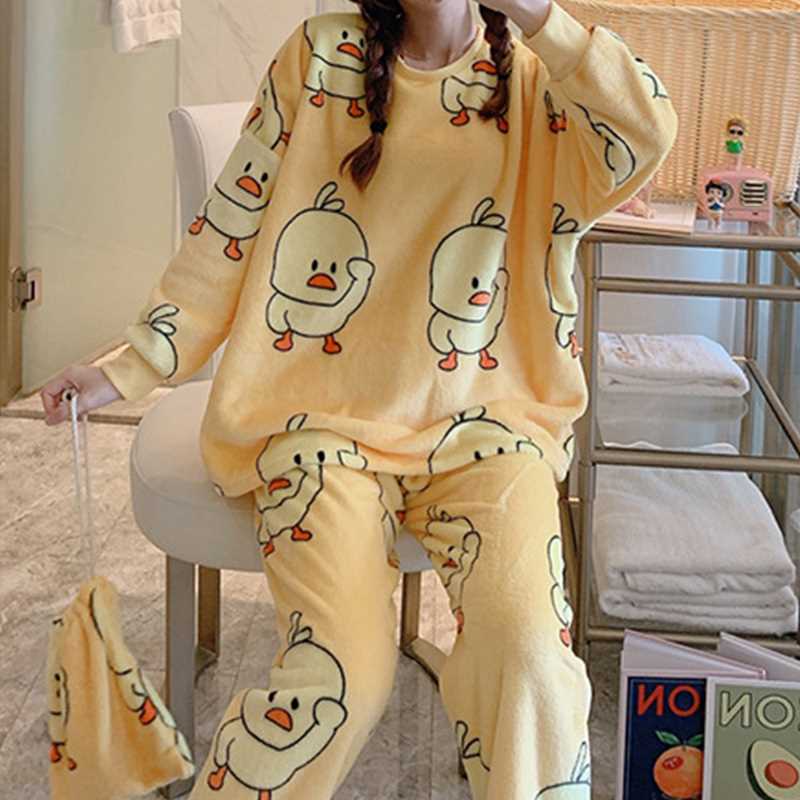 Women Print Warm Flannel Women Pyjamas Sets Thin Coral Velve-图1