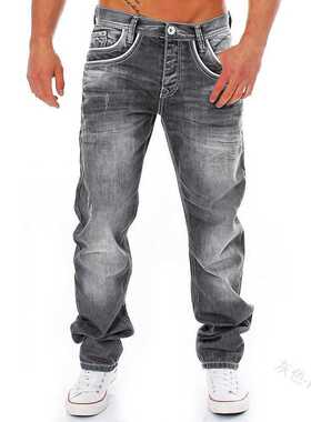 WEPBEL Men Fashion Casual Straight Long Denim Pants Vintage