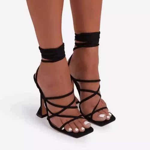 2022 Plus Size Summer Sexy Lace Up Women Sandals Square Toe - 图0