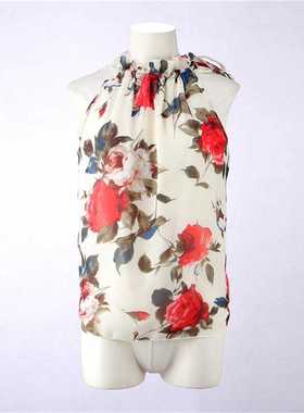 Floral Chiffon Summer Women's Tunic Blouse Sleeveless Ruffle