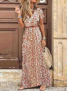 2022 Summer Boho Long Dress Women Casual Paisley Print Belt