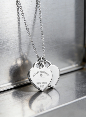 经典双心牌心形牌吊坠滴胶镶钻爱心时尚项链