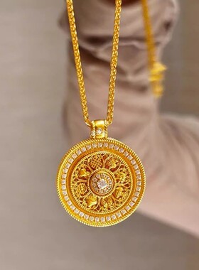 古法镶钻黄金色八宝罗盘项链饰品