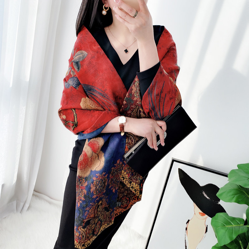 【喜上眉梢】双层双面双色香云纱盘扣披肩围巾中国风高档送礼丝巾,淘宝优惠券,粉丝福利购,淘宝优惠卷