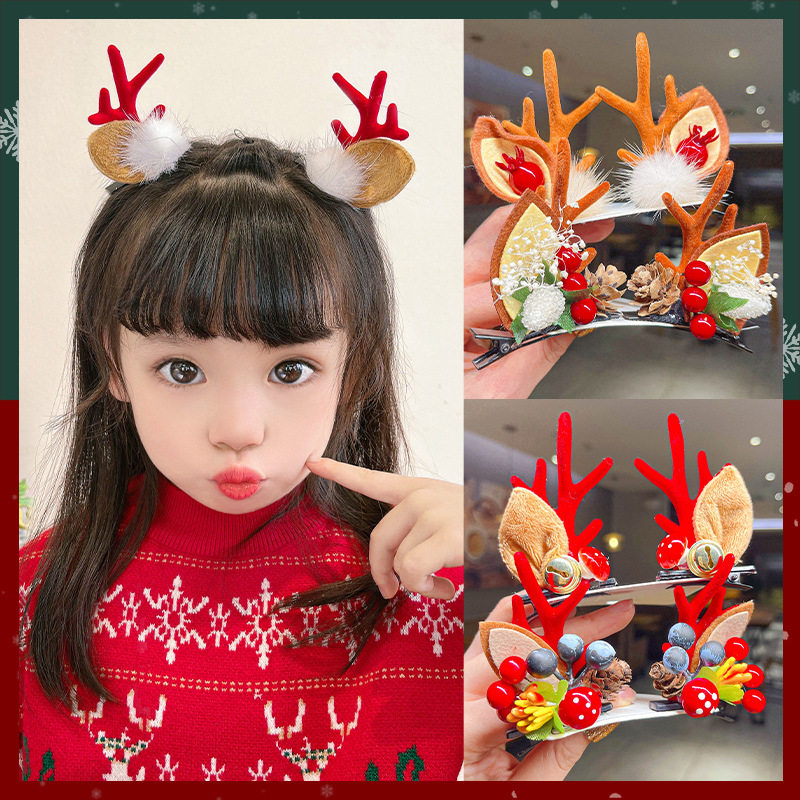 圣诞节头饰儿童发夹冬鹿角毛绒可爱拍照表演派对发卡一字夹 - 图0
