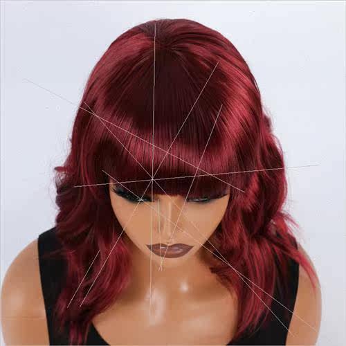 cos Europe bangs cute burgundy short curly head natural ladi - 图0