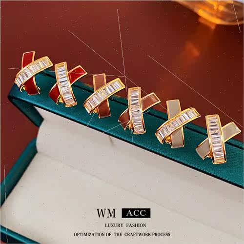 silver Pin Zirconia Drip Oil Crossover Earrings Delicate Com - 图1