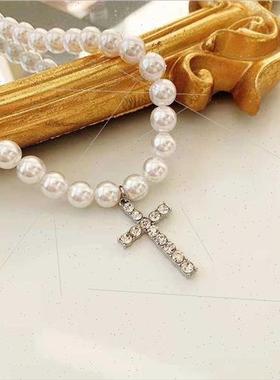 Europe men vintage imation pearl rhinestone cross necklace s