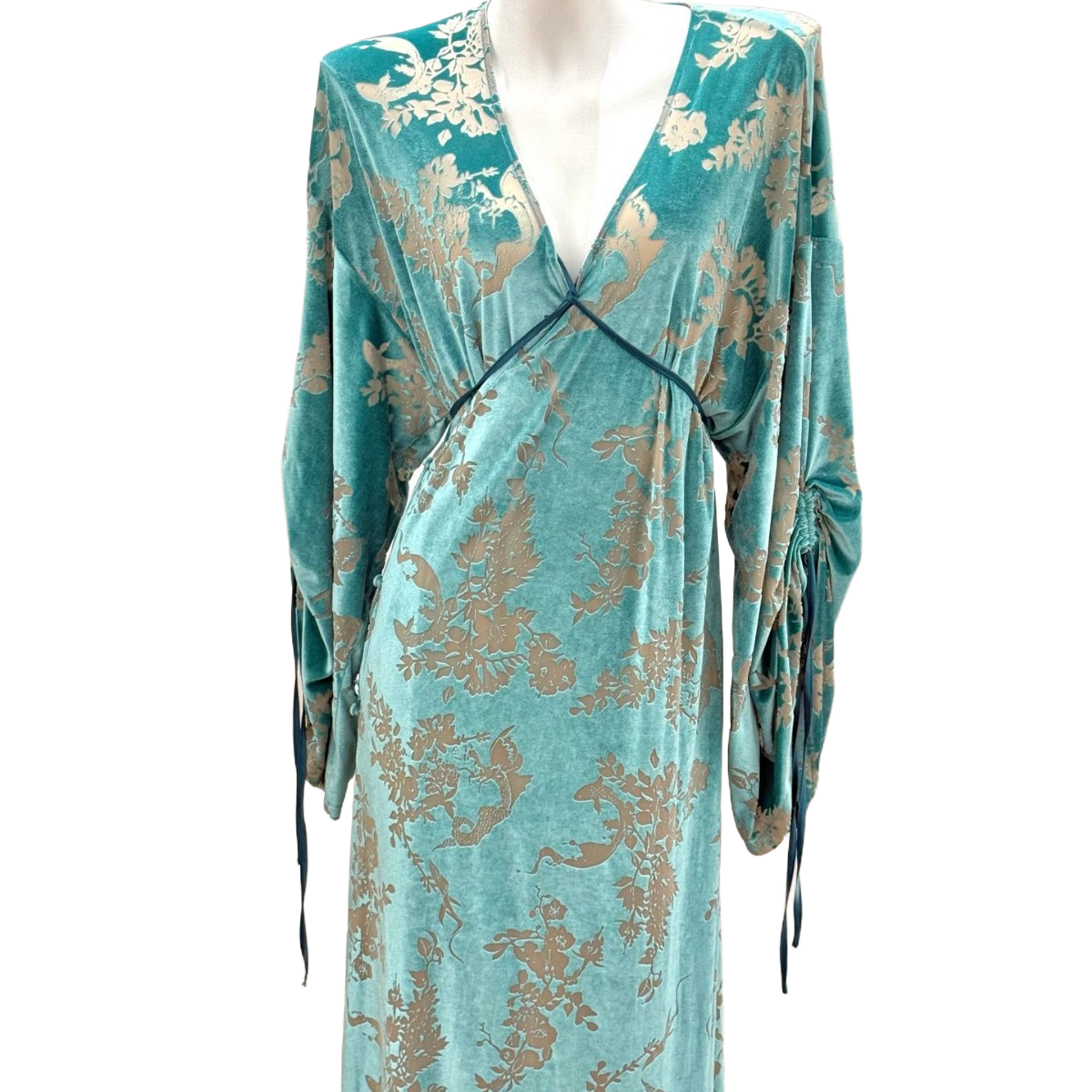 国风新中式老钱风烧花丝绒V领长款连衣裙女轻奢慵懒高级感家居服,淘宝优惠券,粉丝福利购,淘宝优惠卷