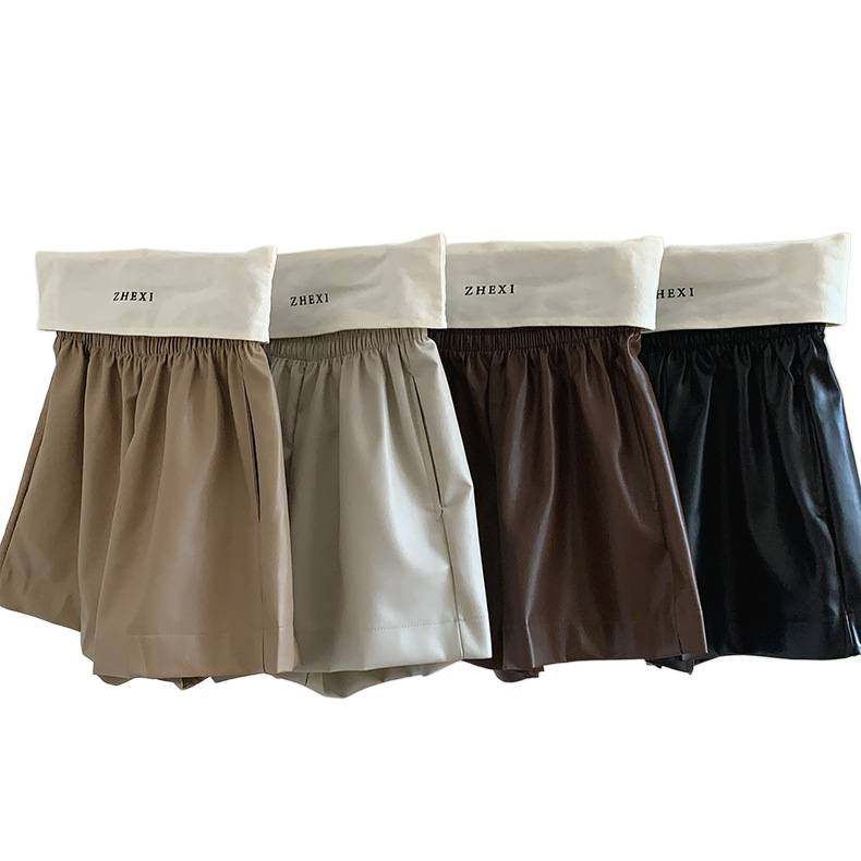 皮短裤女春装新款松紧腰高腰PU皮短裤百搭阔腿靴裤休闲短裤女,淘宝优惠券,粉丝福利购,淘宝优惠卷