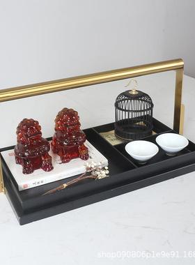 新中式金属托盘软装狮子茶具组合装饰品样板房售楼部家居茶具摆件