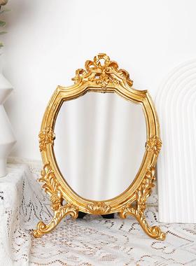欧式复古风浮雕台式化妆镜轻奢桌面梳妆镜可挂墙单面镜子公主镜