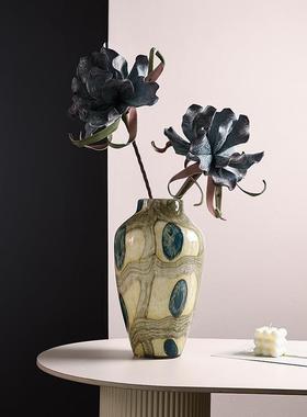 蓝绿肌理网格艺术氛围感中古琉璃花瓶高级手工玻璃花器果盘组合