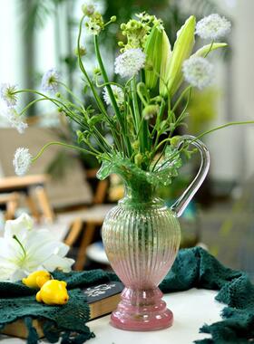 复古海苔绿渐变桃粉色洒金单提耳手工琉璃壶形花瓶水养插花器摆件