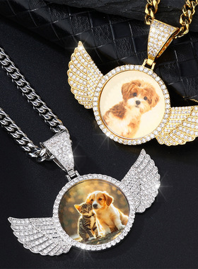 欧美热销嘻哈天使翅膀圆牌相框项链 可换相片吊坠项链 跨境