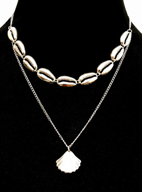 欧美时尚百搭金属质感双层颈链 合金贝壳扇贝吊坠项链 民族风项饰