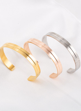 跨境热销时尚简约男士手环 欧美个性金属风不锈钢几何凹槽C型手镯