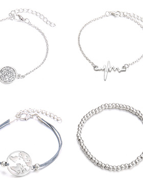 跨境电商饰品欧美风时尚个性编织地图串珠心跳手链4件套