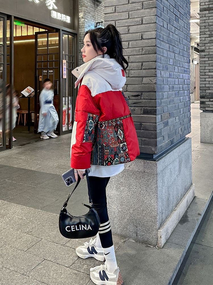 时尚国潮撞色拼接女士羽绒棉服2025冬季新款设计感小个子短款外套,淘宝优惠券,粉丝福利购,淘宝优惠卷